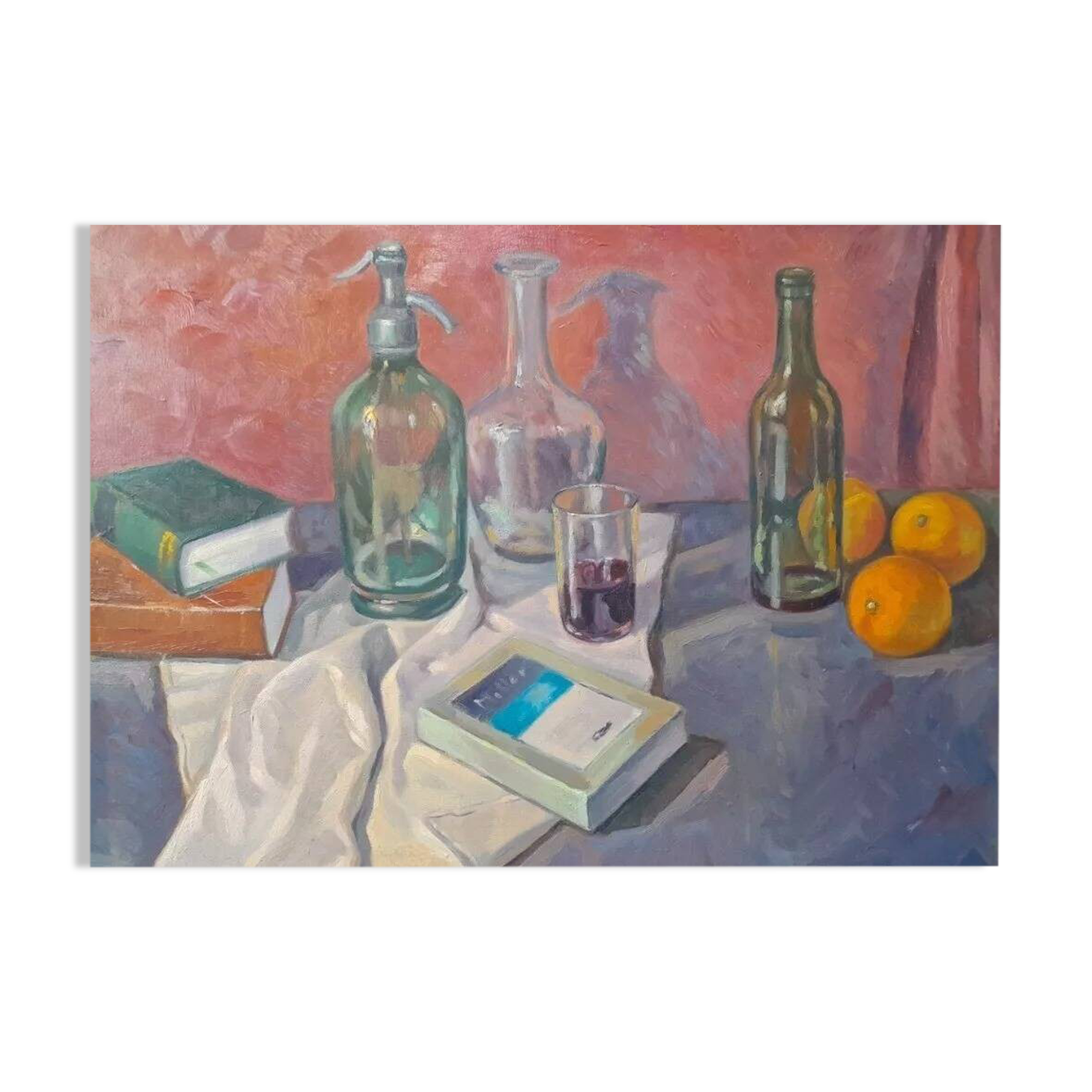 Vintage Mid-Century Still Life with Fruit and Wine Framed Oil Painting