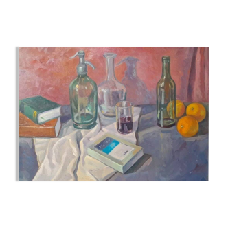 Vintage Mid-Century Still Life with Fruit and Wine Framed Oil Painting