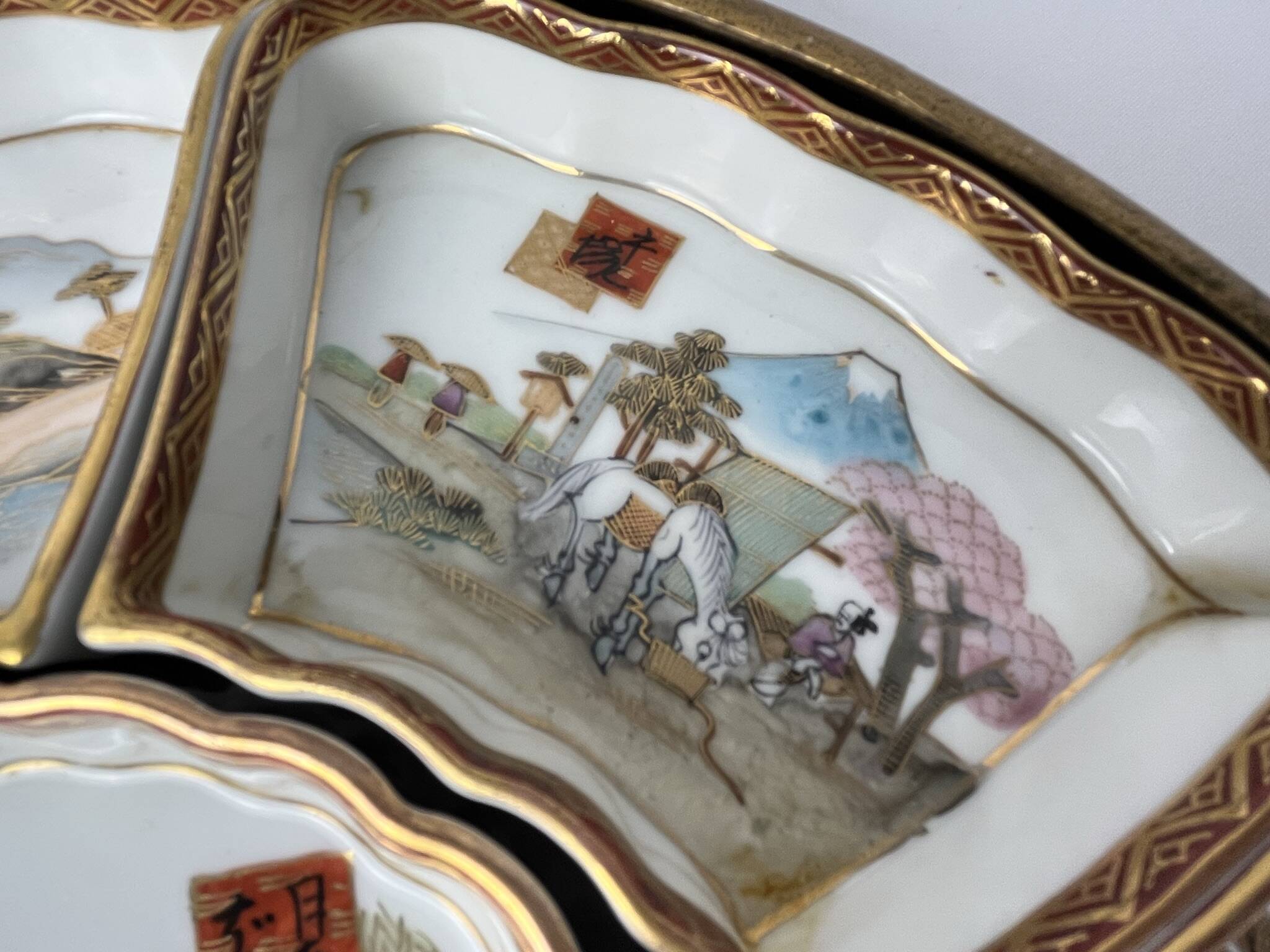China, porcelain condiment set on lacquered tray, 20th century