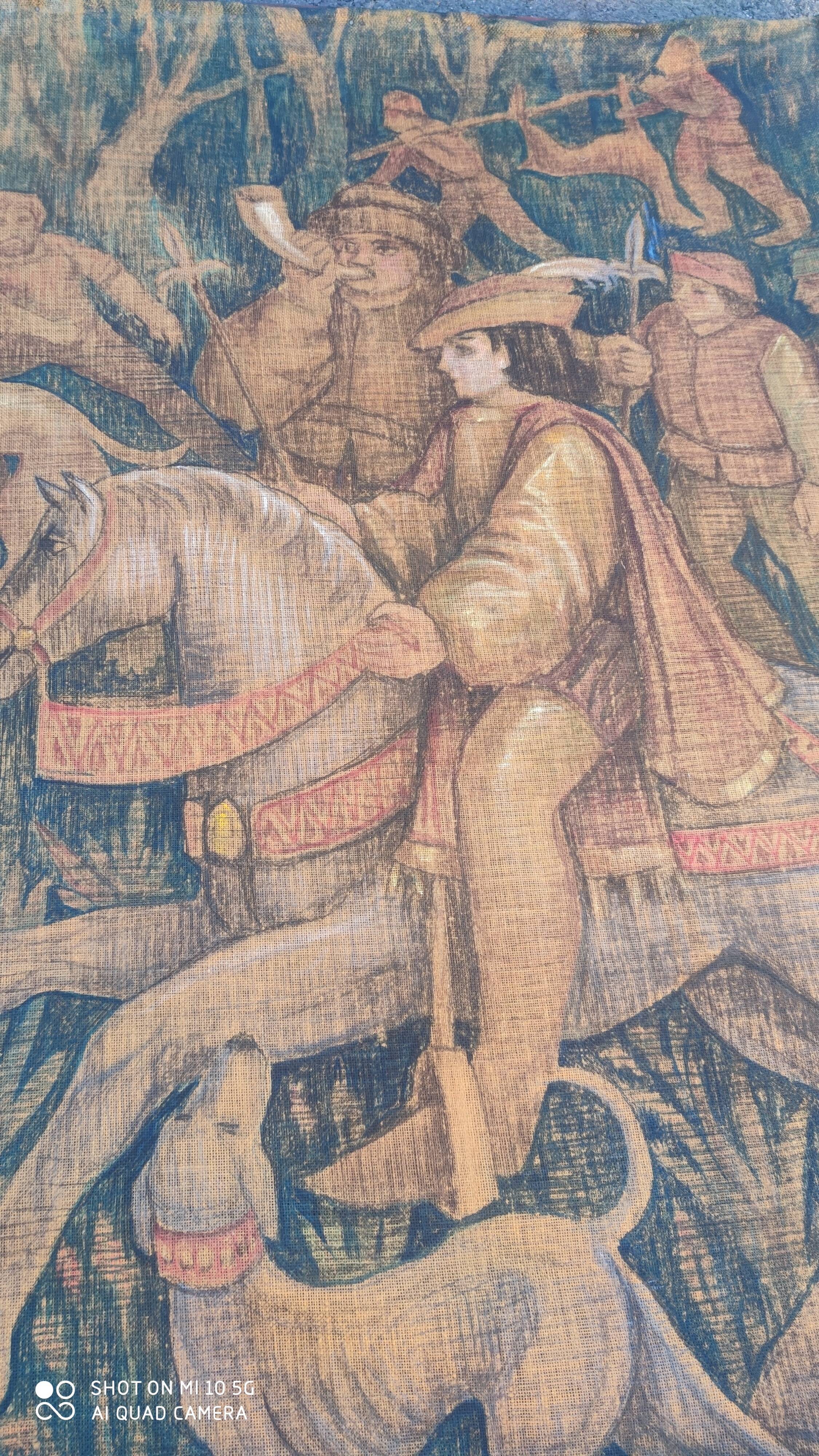 Painted burlap canvas depicting a medieval hunting scene circa 1950 by André Pierre BOURBIOUX, known as "Boul"