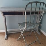 Antique school desk in soft gray patina + metal chair