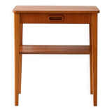 Scandinavian vintage teak nightstand with shelf and carved handle