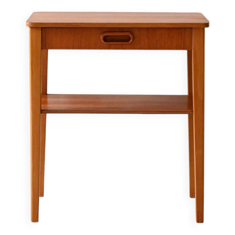 Scandinavian vintage teak nightstand with shelf and carved handle
