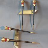 Large pair of 2-light torchiere wall lights 1950/60 in black metal and gilded brass.