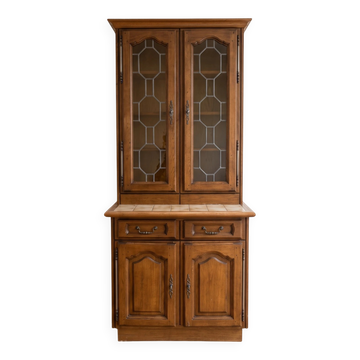 Buffet, vintage wooden sideboard with display cabinet and tiled top.