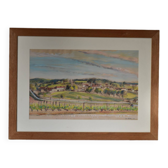 Large French watercolor landscape painting by Yves Ratier depicting rolling countryside