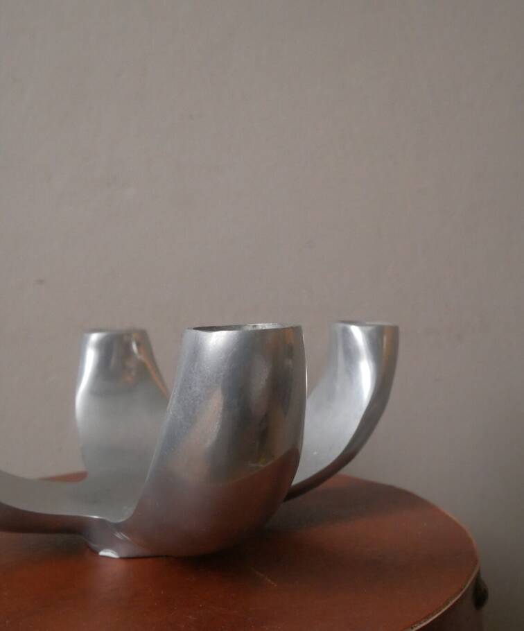 candle holder candlestick candelabra in aluminum silver metal Scandinavian decorative object