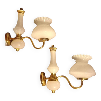 brass and white opaline wall lights