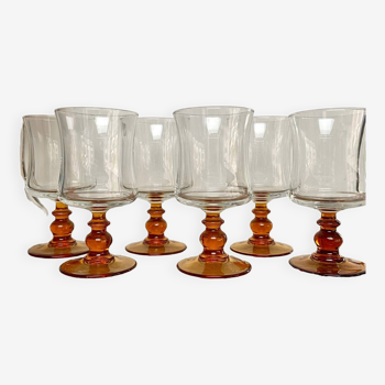 6 vintage amber stemmed glasses