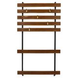 Wall coat rack by Carl Aubock with 5 brass hooks, walnut, iron, Austria, 1950s.