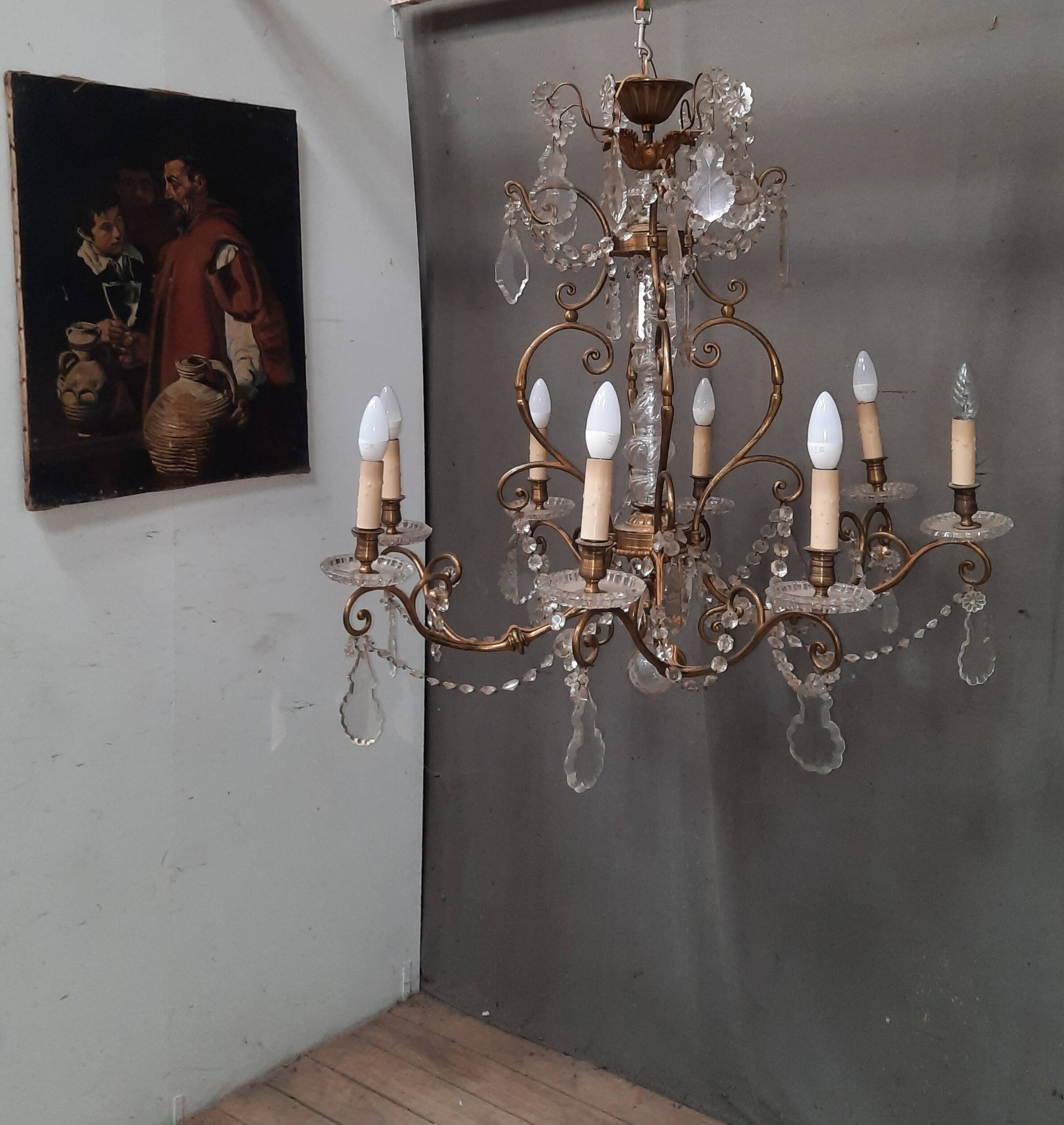Large brass and glass chandelier