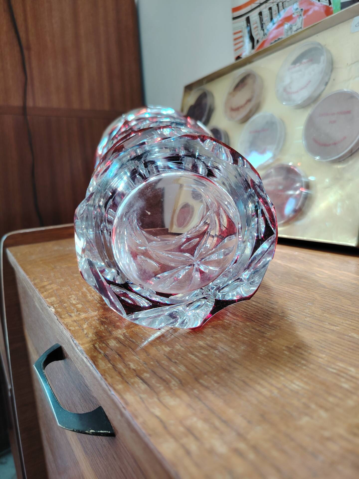 Large ruby red cut crystal vase, handmade, 1960.