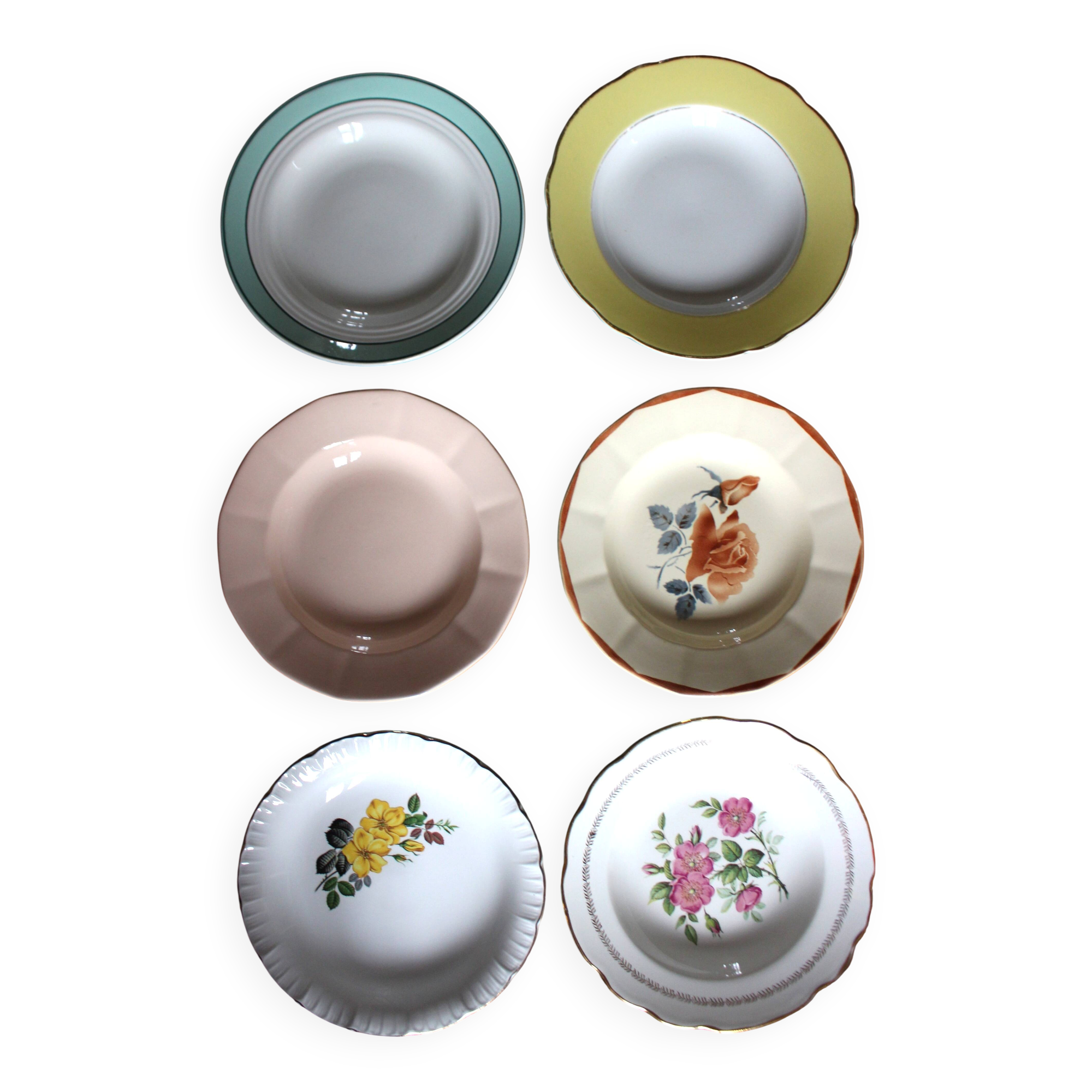 6 mismatched deep plates in floral colours from Digoin, Sarreguemines, Gien.