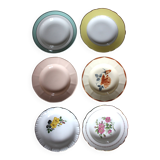 6 mismatched deep plates in floral colours from Digoin, Sarreguemines, Gien.