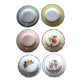 6 mismatched deep plates in floral colours from Digoin, Sarreguemines, Gien.