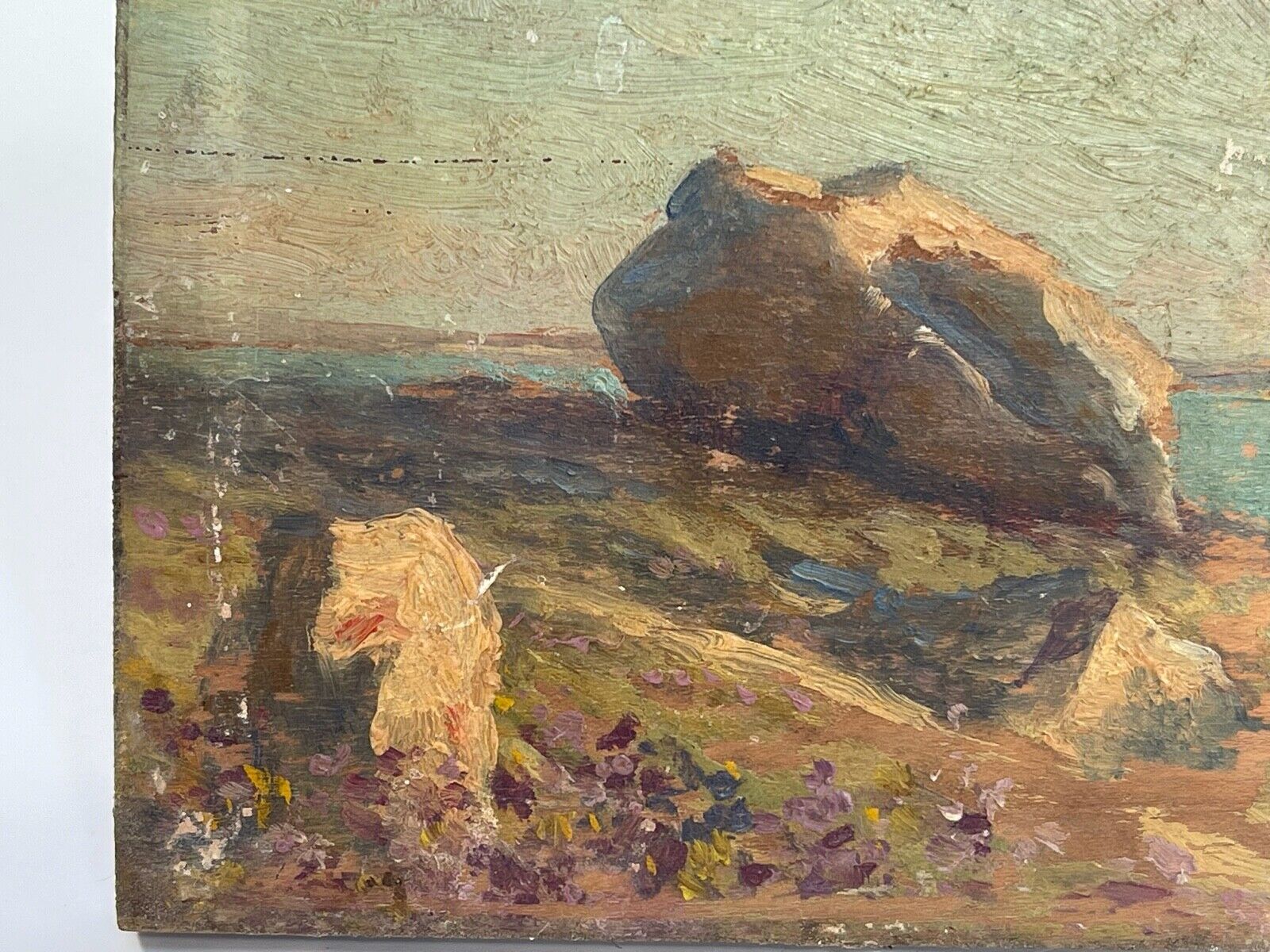 Oil on wood panel marine theme XlXth view of brittany