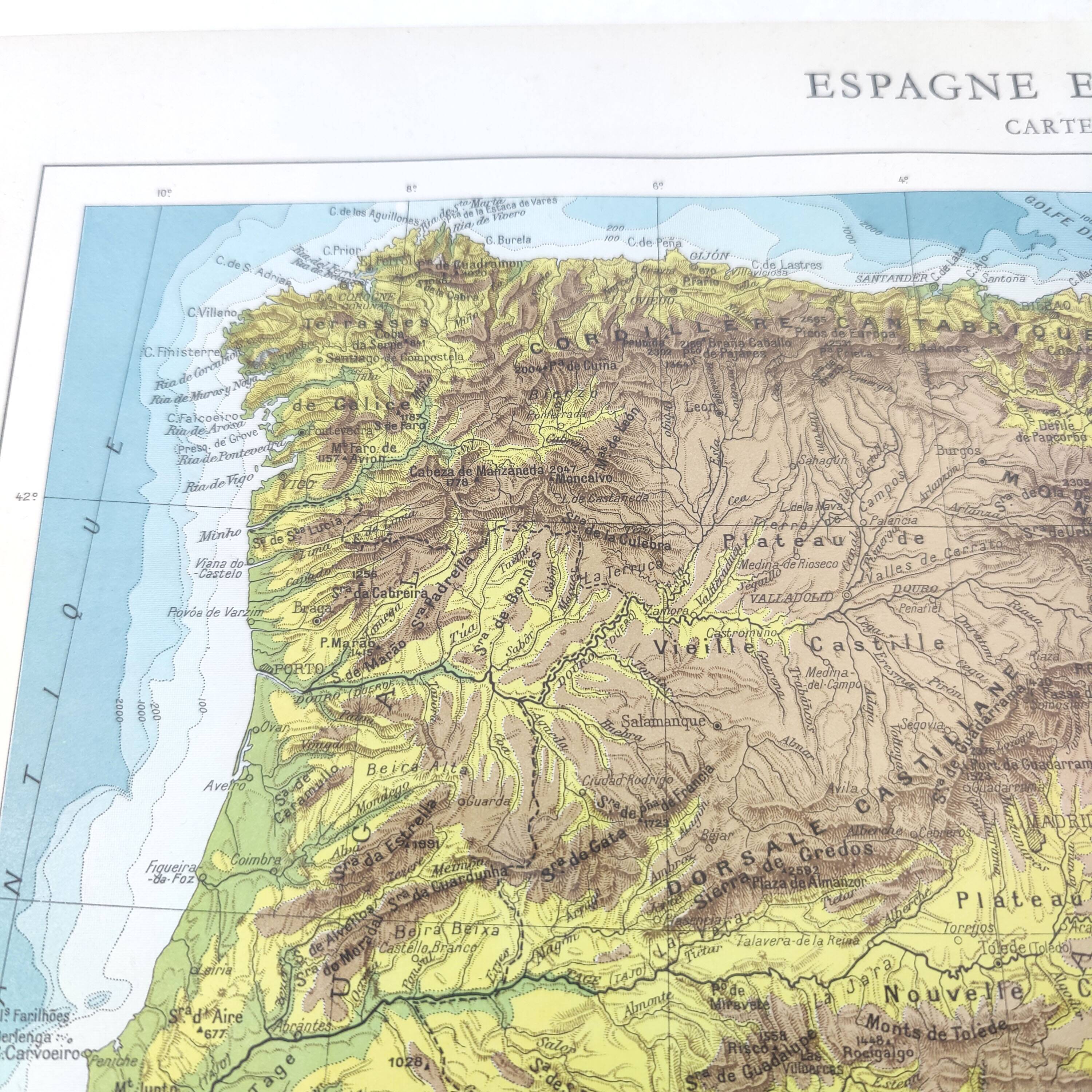 Spain and Portugal map in vintage colors 43x43cm from 1950