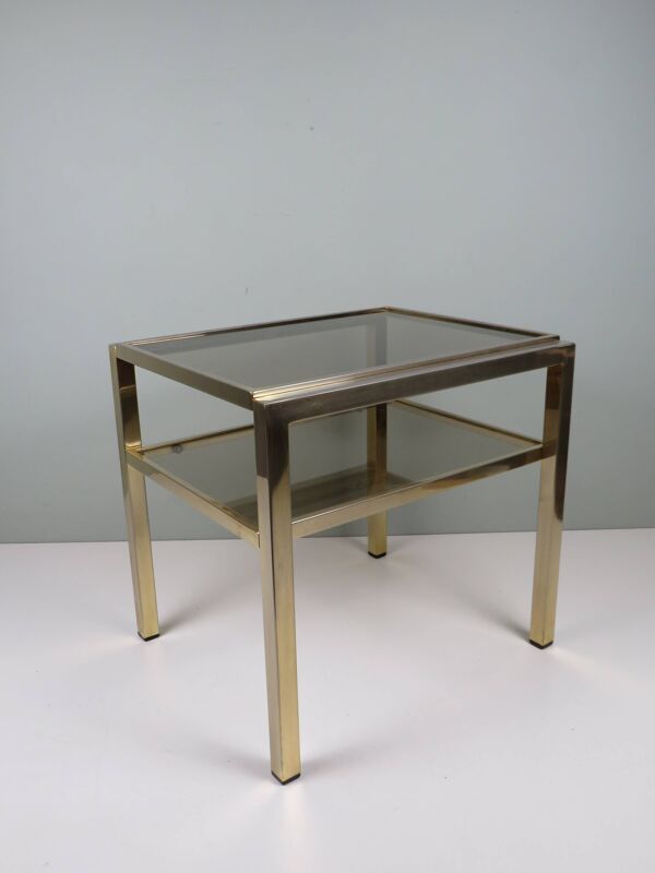 Table d’appoint vintage en laiton et verre fumé, De Knudt, Belgique, 1970