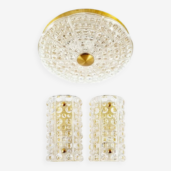 Set of 3 Scandinavian Glass Flush Mount and Wall Lights by Carl Fagerlund for Orrefors, 1960s