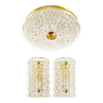 Set of 3 Scandinavian Glass Flush Mount and Wall Lights by Carl Fagerlund for Orrefors, 1960s