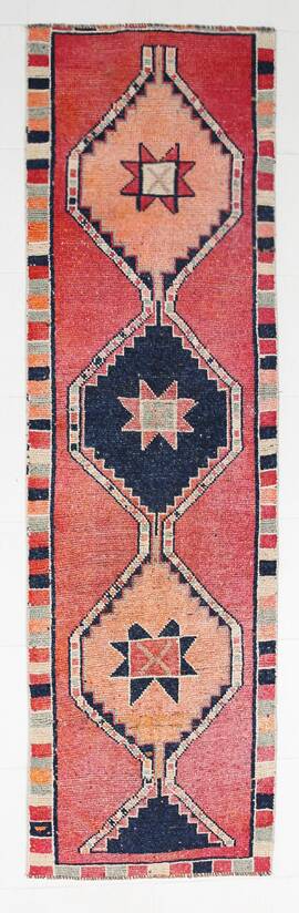 Pomegranate Red & Navy Blue Vintage Runner Rug, Geometric Pattern Runner