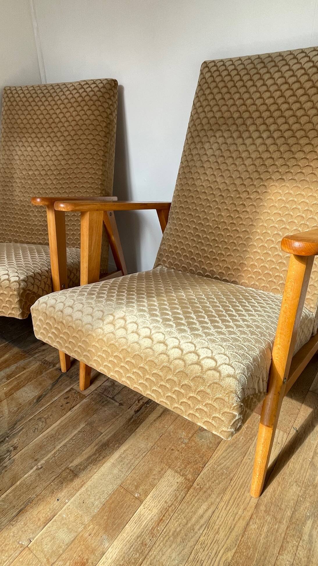 Pair of Manucere armchairs with vintage compass legs