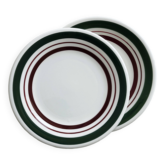 Duo d'assiettes à dessert vintage avec bordure verte et rouge bordeau