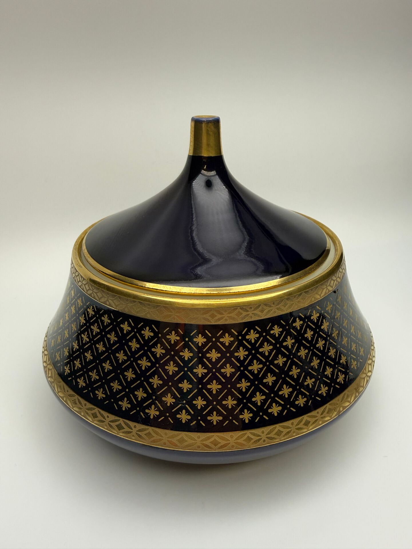 Vintage cobalt blue and gold porcelain bonbonnière.