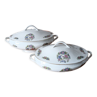 Ensemble soupière et légumier, forme ovale porcelaine frise polychrome, années 1900