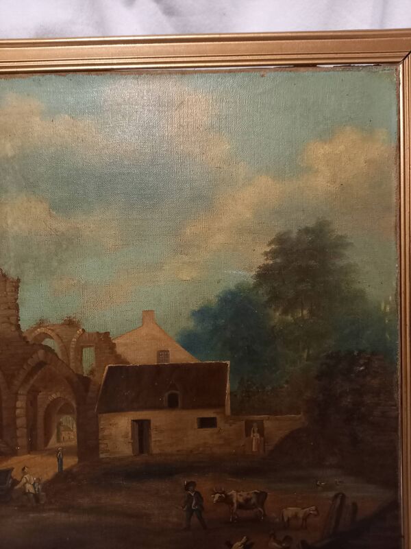 Tableau ancien, école française du XVIIIe s., scène bucolique, ruines