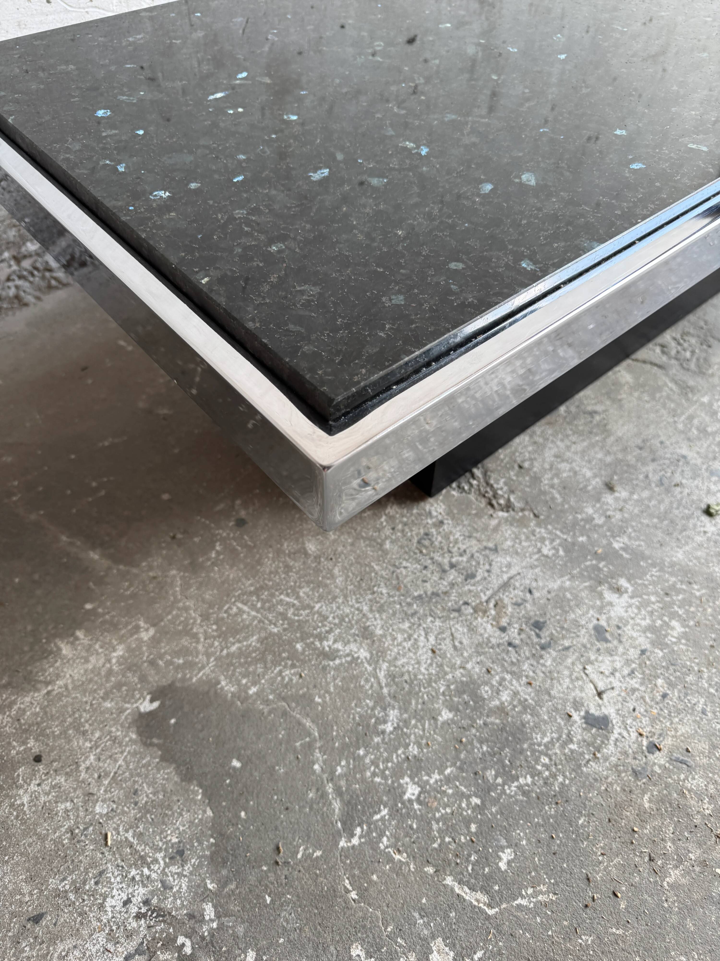 Vintage Black Terrazzo Coffee Table with Wooden Pedestal Base — Mid-Century Rectangular Accent Table