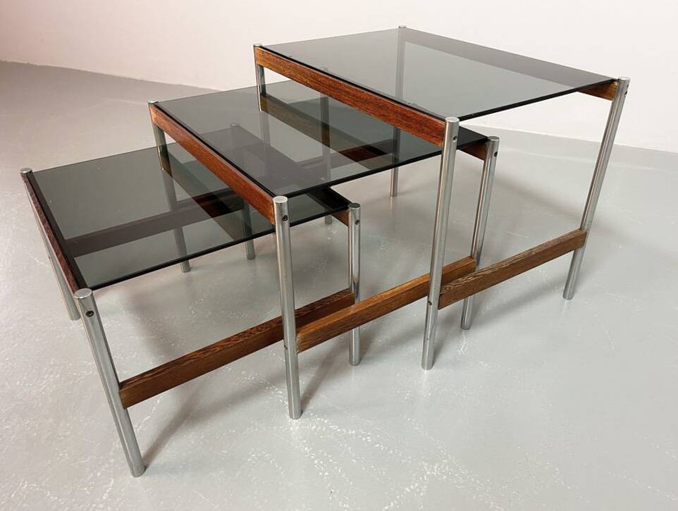3 Fristho Dutch Design Nesting Tables with Smokey Glass Top Wenge Frame 60s