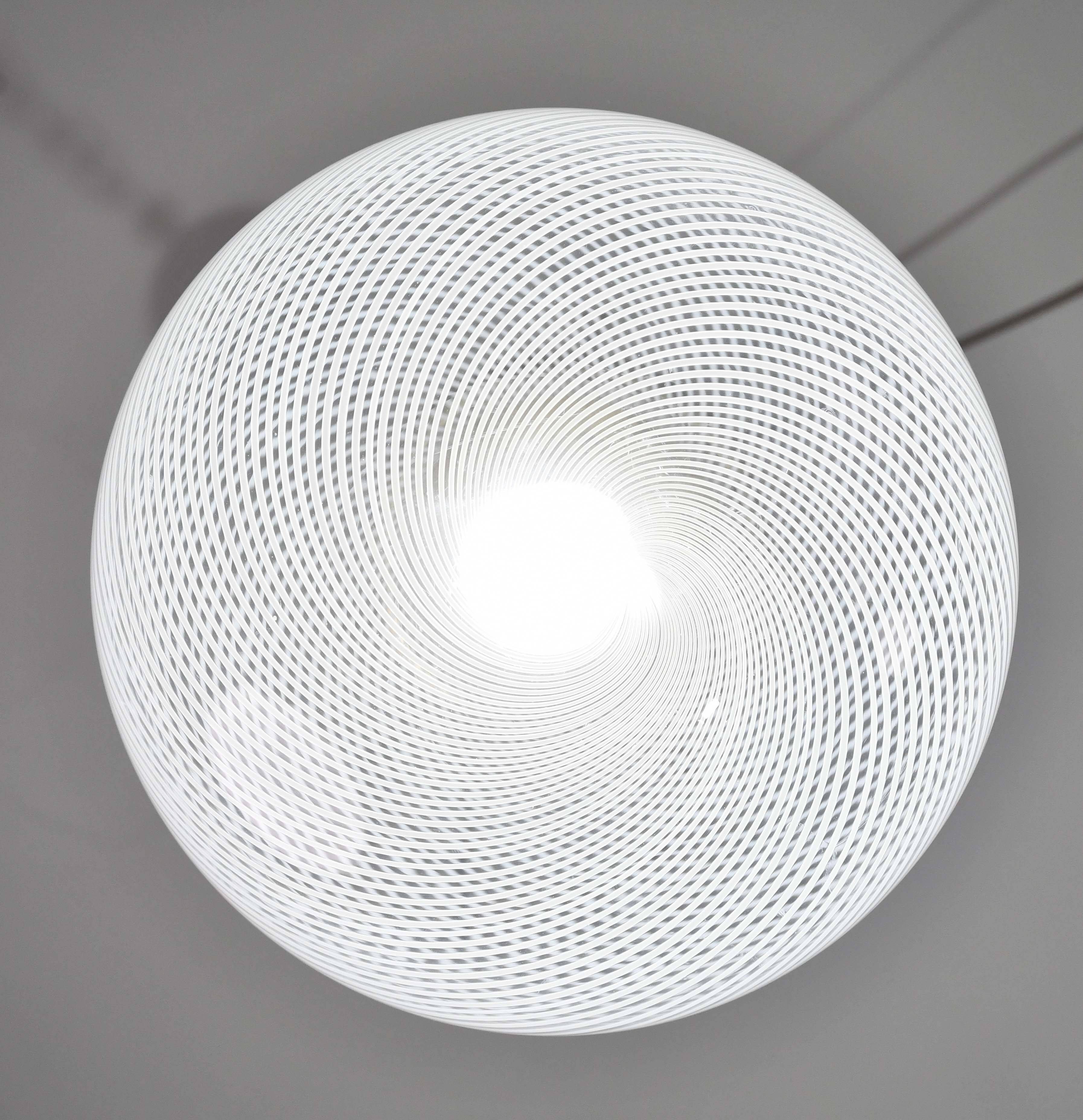 Italian Mid-Century Pendant Light with Optic Spiral Glass Globe and Restore Bras