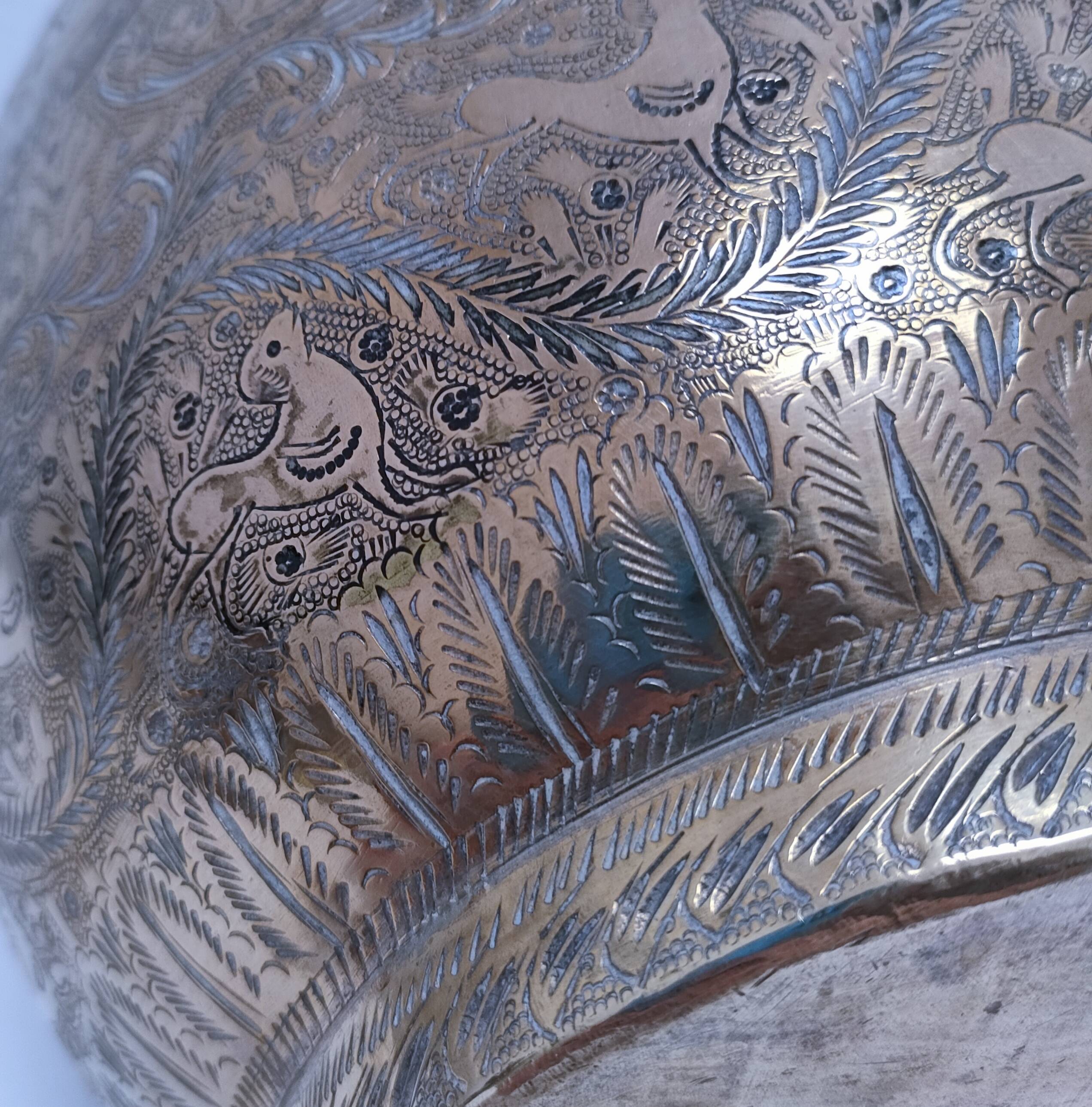 Solid brass pot cover engraved with animal, plant and character decoration
