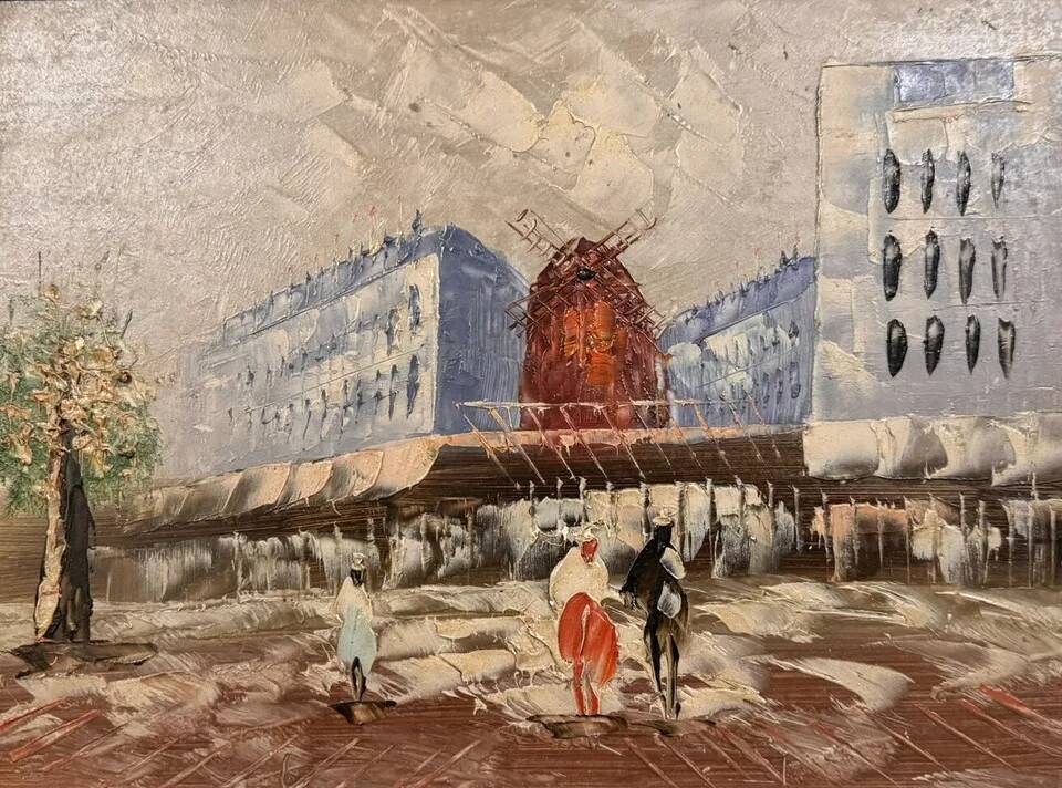 Oil painting on panel representing the Moulin Rouge in PARIS