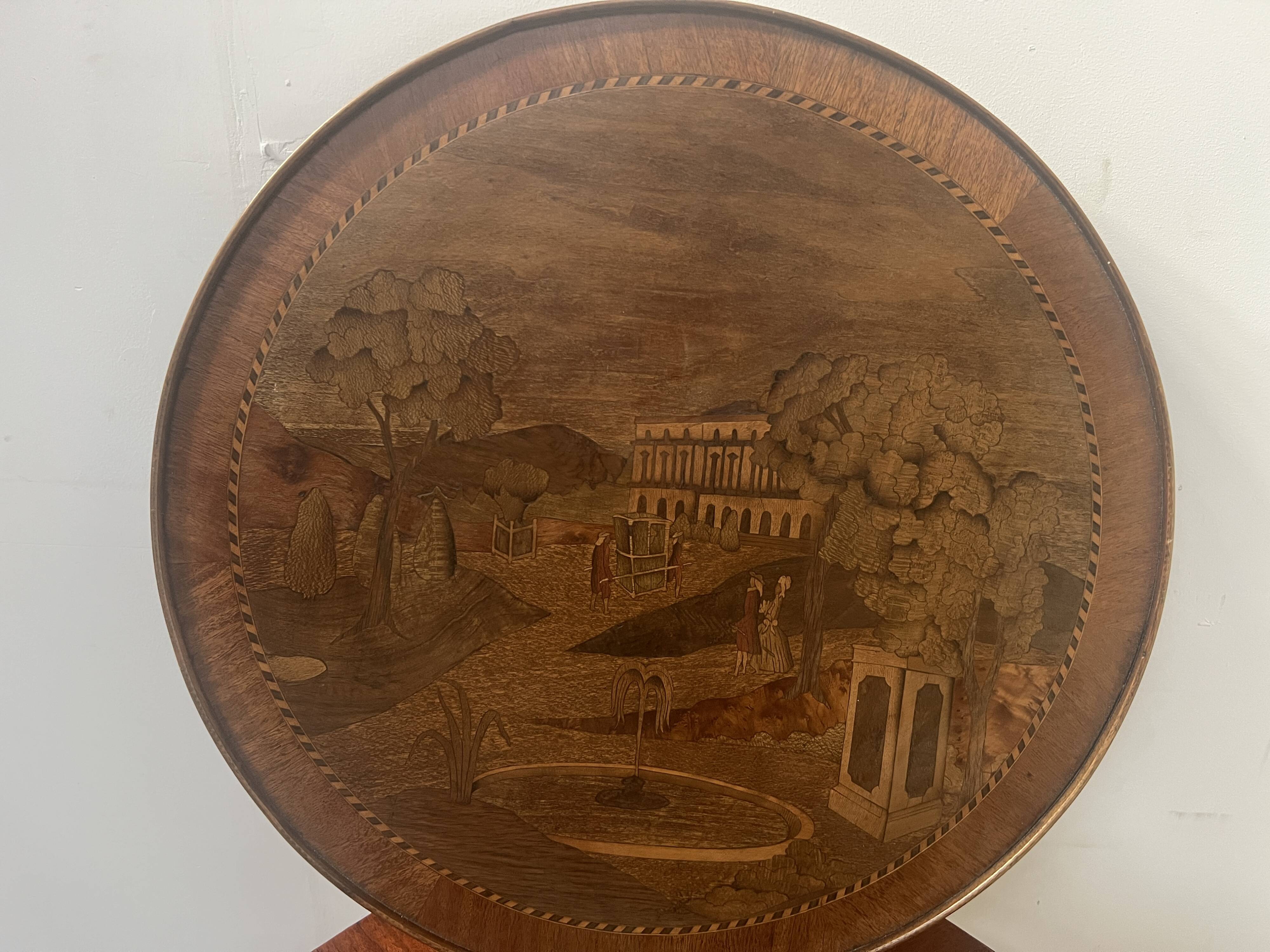 Louis XVI style marquetry pedestal table with removable top, 20th century