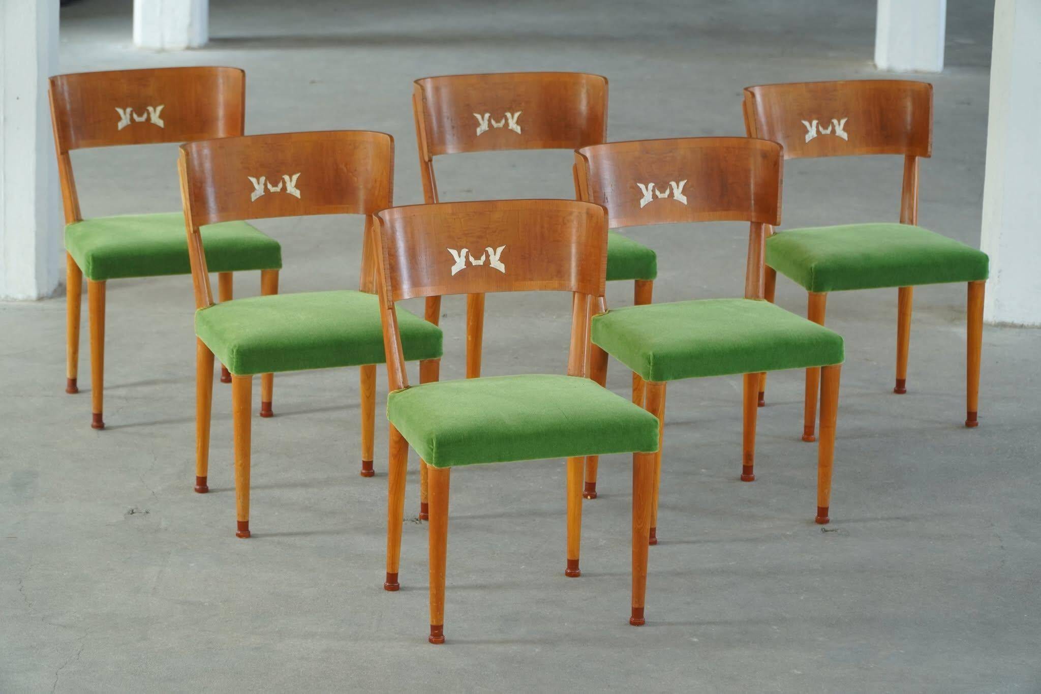 Swedish Art Deco, set of 6 "klismos" chairs, birch and mohair, griffin inlays, 1930s.