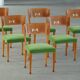 Swedish Art Deco, set of 6 "klismos" chairs, birch and mohair, griffin inlays, 1930s.