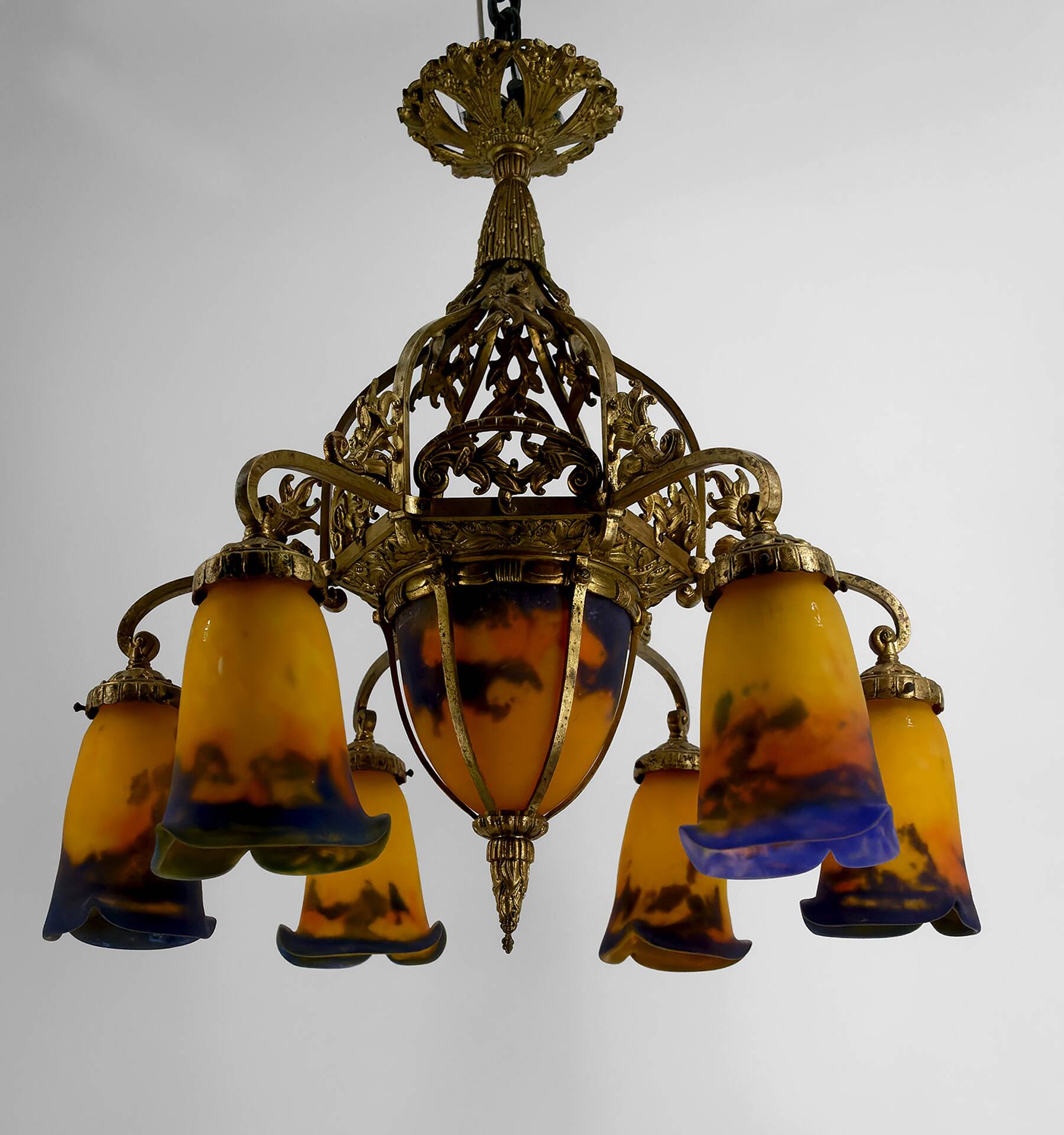Gilded bronze and blown glass paste chandelier, Muller Frères, Art Deco