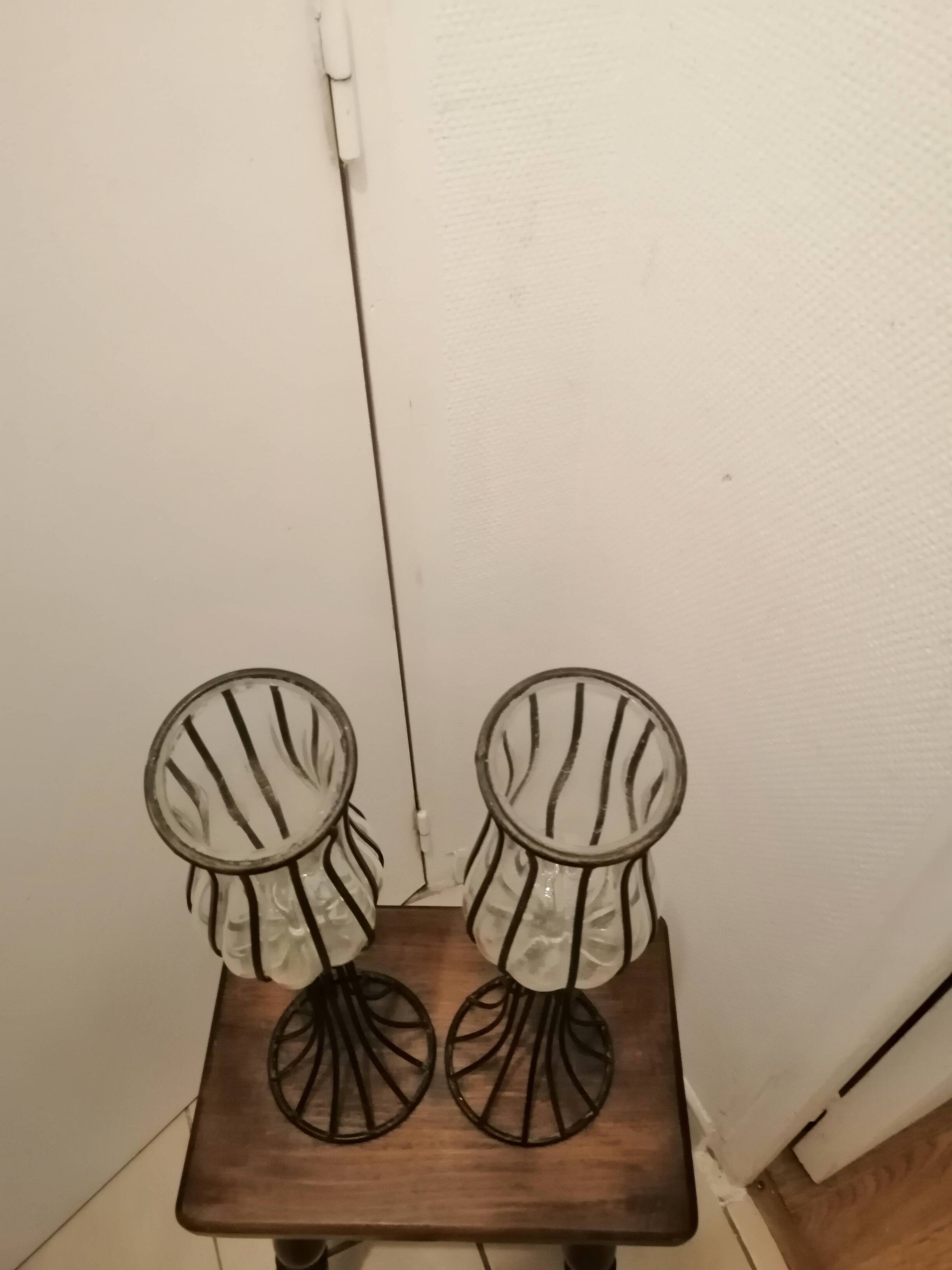 Pair of vintage/retro glass and metal vases