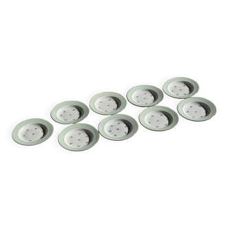 Set of 9 vintage turquoise deep plates with gold trim and pink flowers.