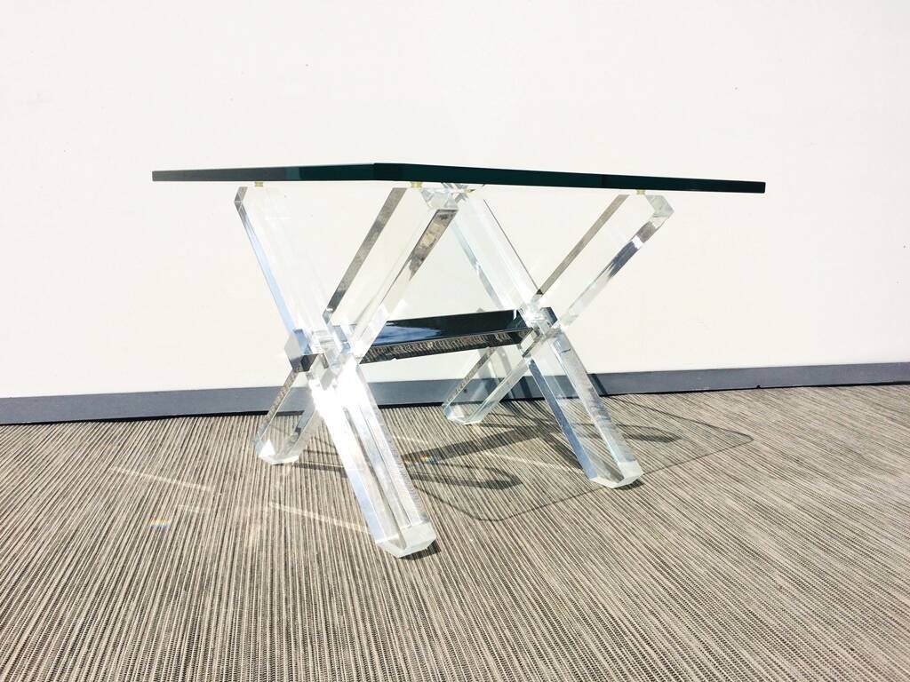 Square coffee table ' Trestles '. Plexi & glass. Vintage 80s