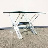 Table basse carrée ' Tréteaux ' . Plexi & verre. Vintage 80s