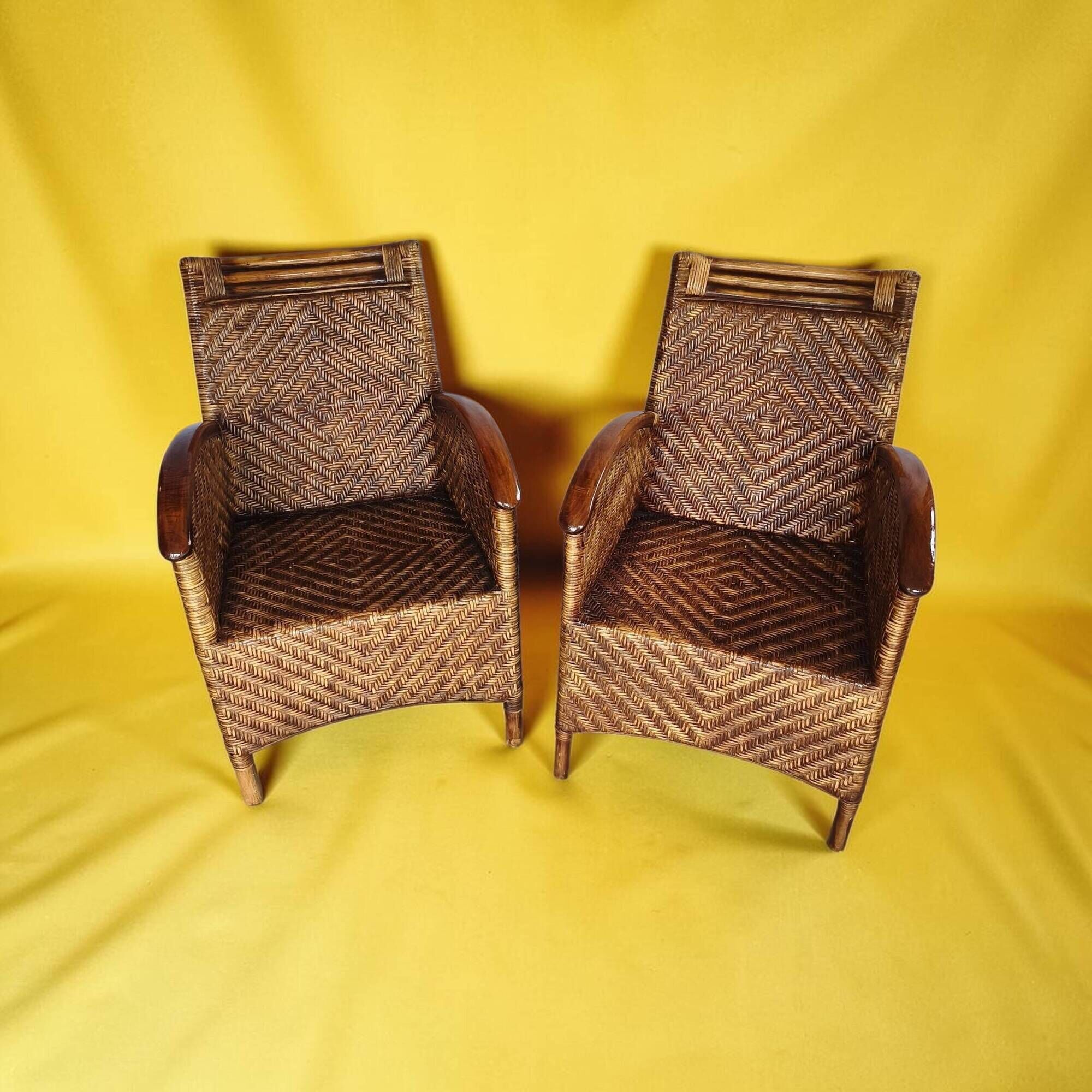 Pair of woven rattan and varnished wood armchairs - Vintage