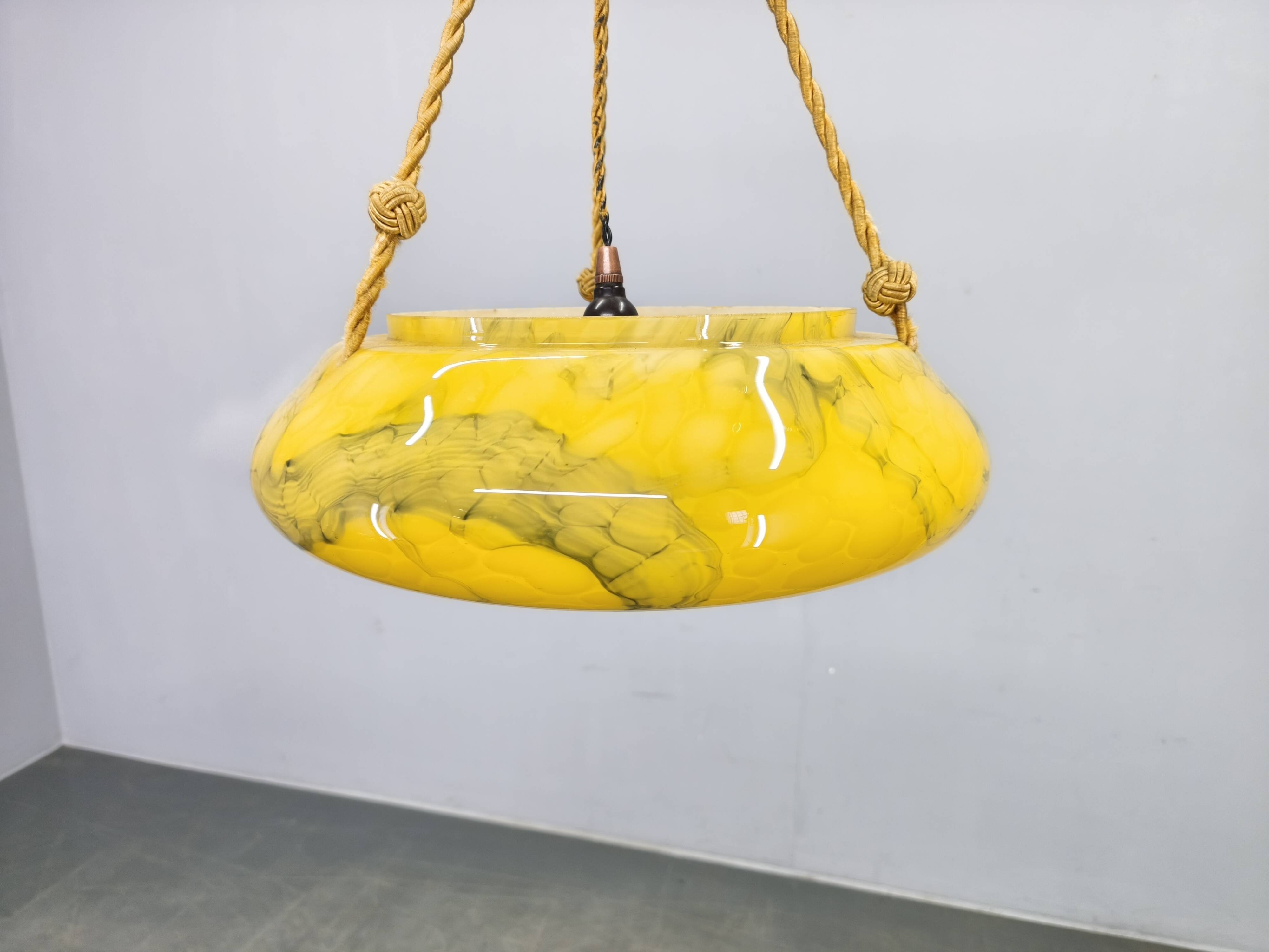 Art Deco Pendant Light, Marbled Glass and Brass, 1930s