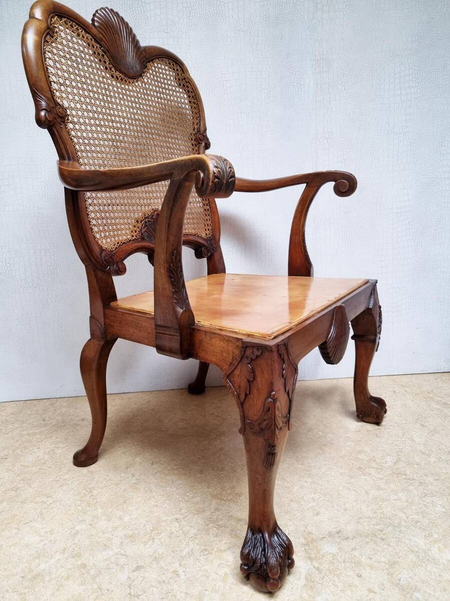 Chippendale Bergere Armchair, Carved Mahogany with Cane and Lion Claw Ball
