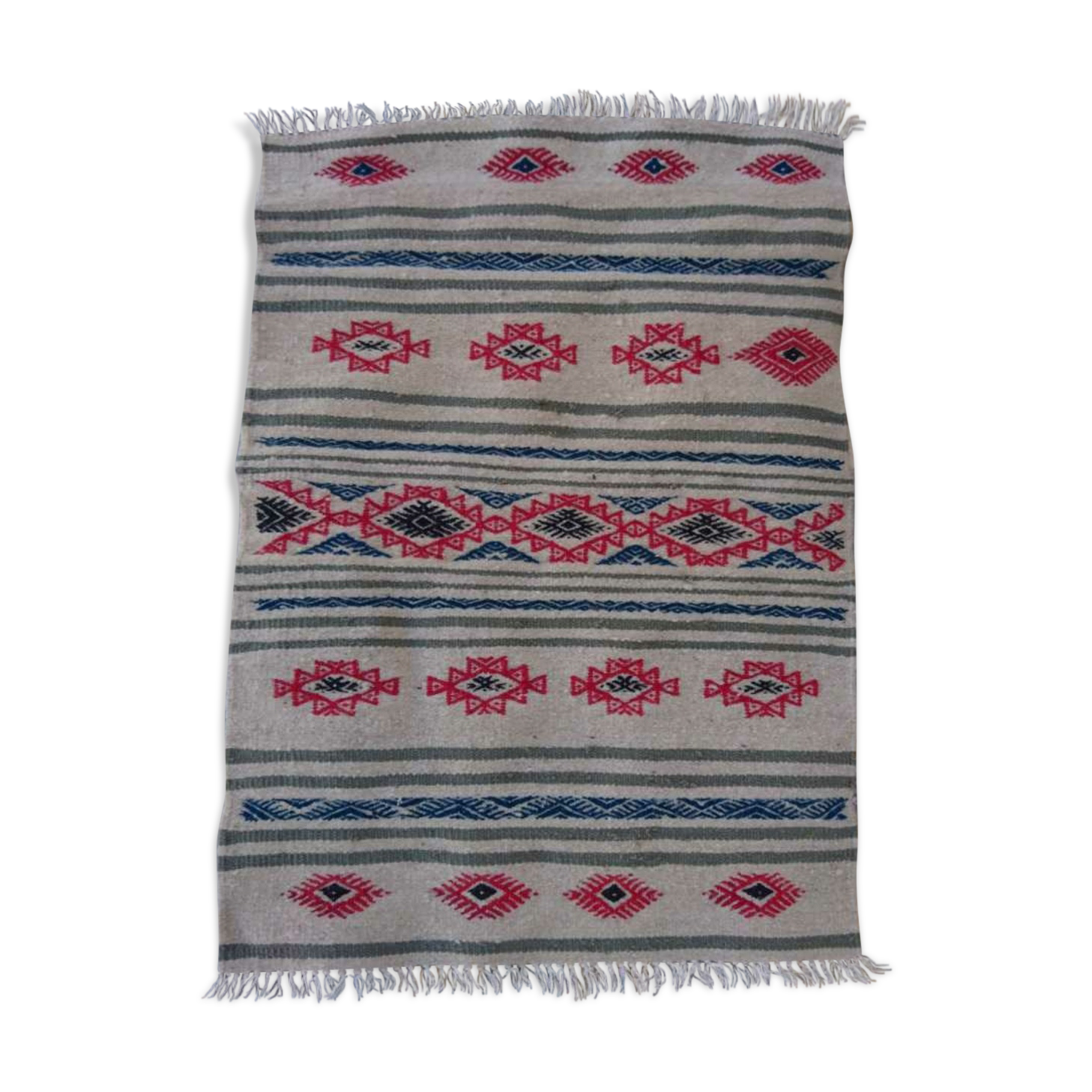 Kilim beige blue red handmade carpets, 90x60cm