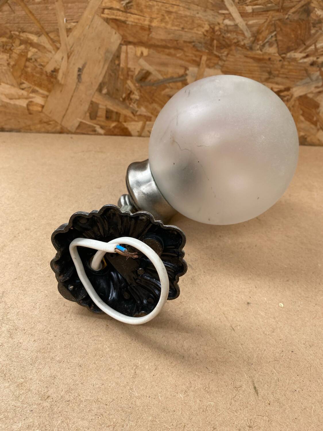 Old Grey Metal Wall Lamp + Vintage Glass Ball