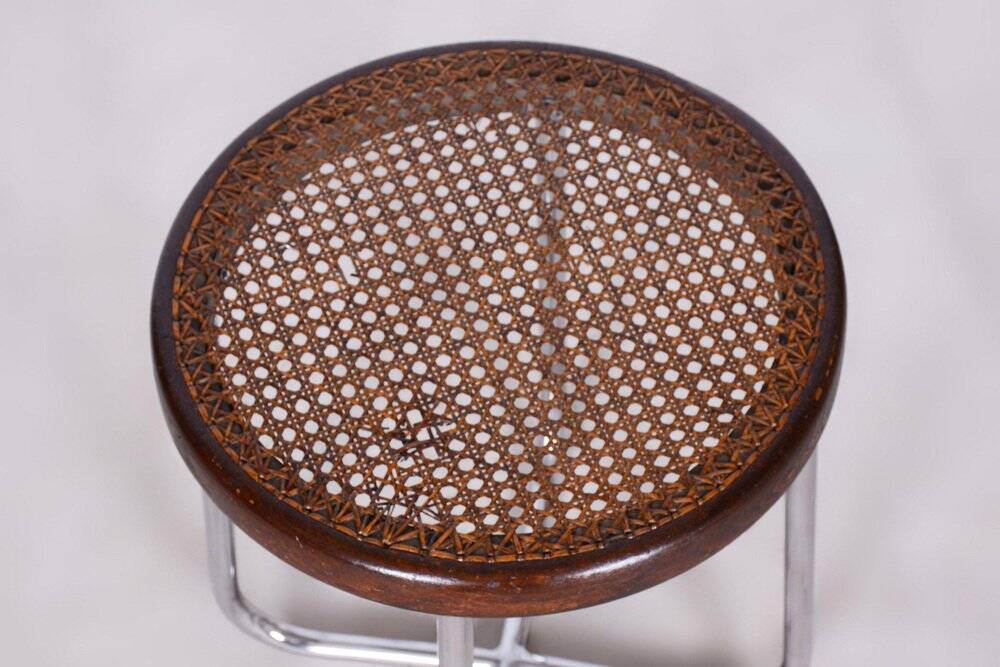 Bauhaus Stool in Chrome & Rattan attributed to Robert Slezák, Czech, 1930s