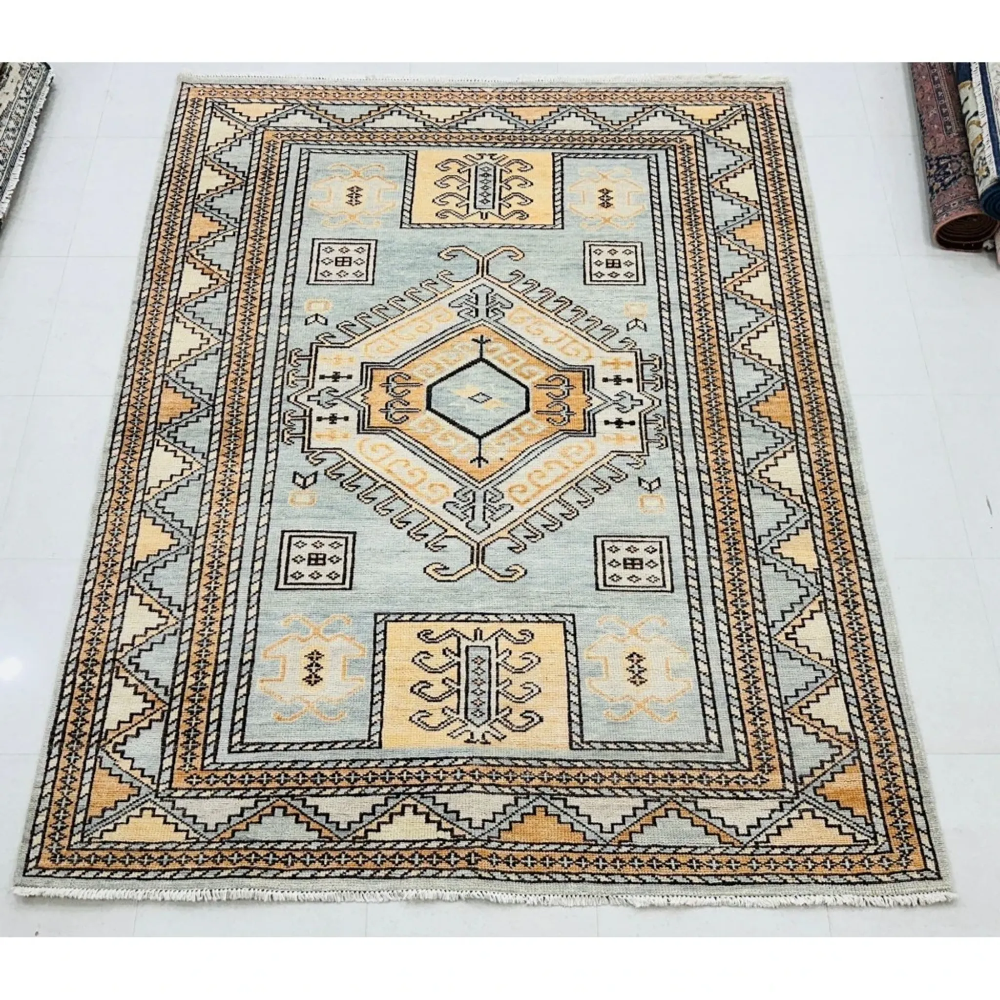Decorative Wool Area Rug with Geometric Medallion Design. Hand-knotted Oushak Carpet